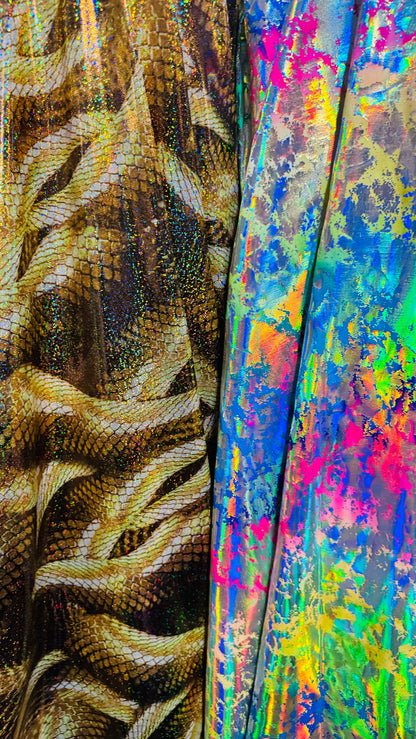 New Hologram King cobra design and splatter paint rainbow both metallic nylon spandex 4-way stretch 58/60” High quality fabrics by AlexLAFab