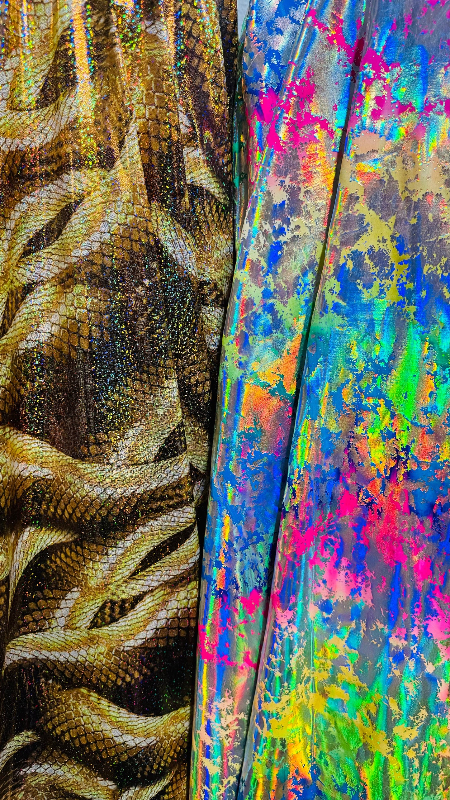 New Hologram King cobra design and splatter paint rainbow both metallic nylon spandex 4-way stretch 58/60” High quality fabrics by AlexLAFab