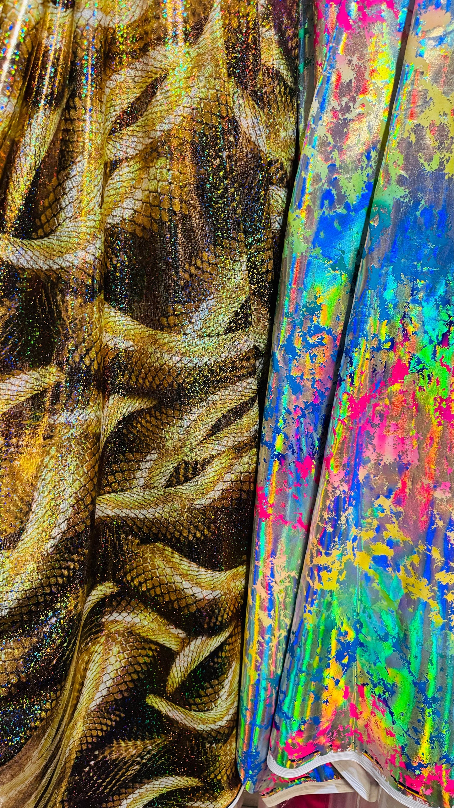 New Hologram King cobra design and splatter paint rainbow both metallic nylon spandex 4-way stretch 58/60” High quality fabrics by AlexLAFab