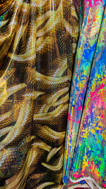 New Hologram King cobra design and splatter paint rainbow both metallic nylon spandex 4-way stretch 58/60” High quality fabrics by AlexLAFab