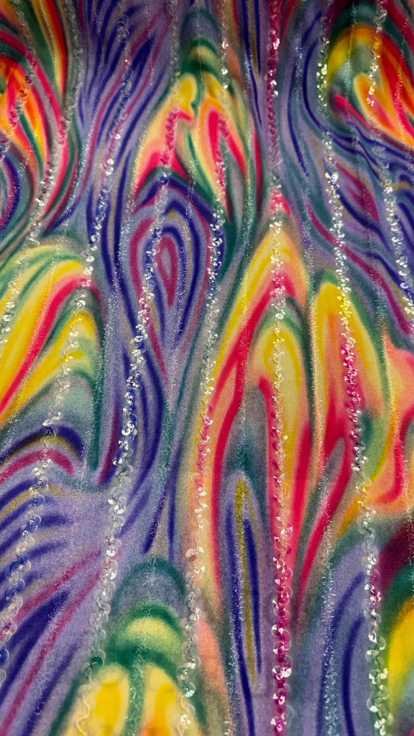 New tie dye spandex with clear sequins embroidered 4-way stretch 45/47”