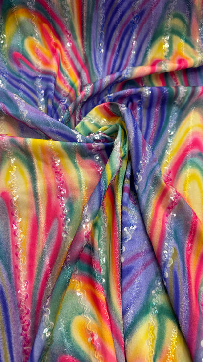New tie dye spandex with clear sequins embroidered 4-way stretch 45/47”