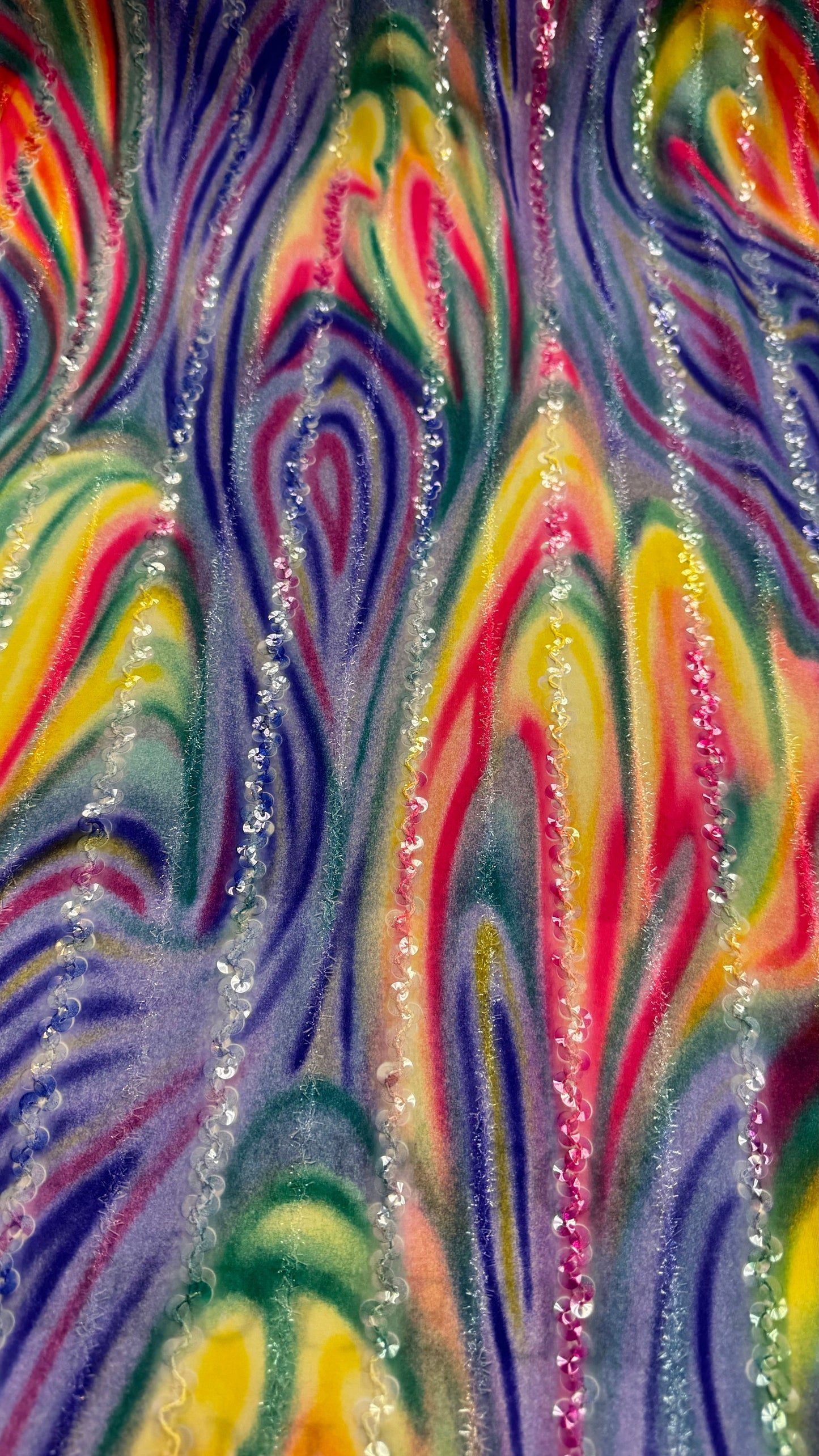 New tie dye spandex with clear sequins embroidered 4-way stretch 45/47”