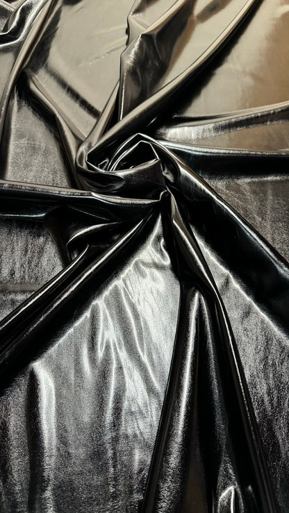 All over foil shiny black metallic nylon spandex 4-way stretch 58/60” High quality fabrics by AlexLAFabrics