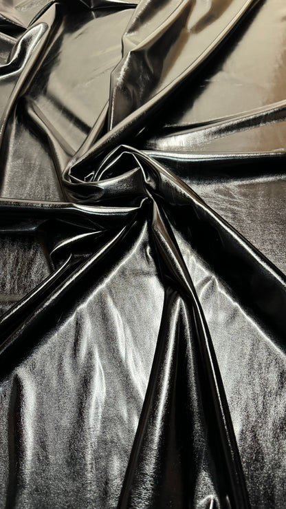 All over foil shiny black metallic nylon spandex 4-way stretch 58/60” High quality fabrics by AlexLAFabrics