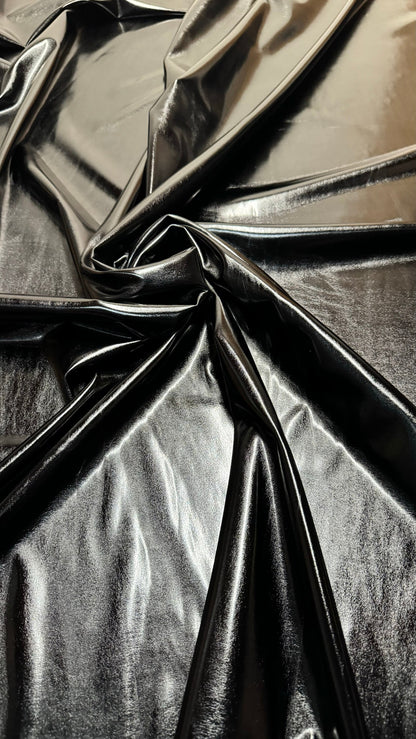 All over foil shiny black metallic nylon spandex 4-way stretch 58/60” High quality fabrics by AlexLAFabrics