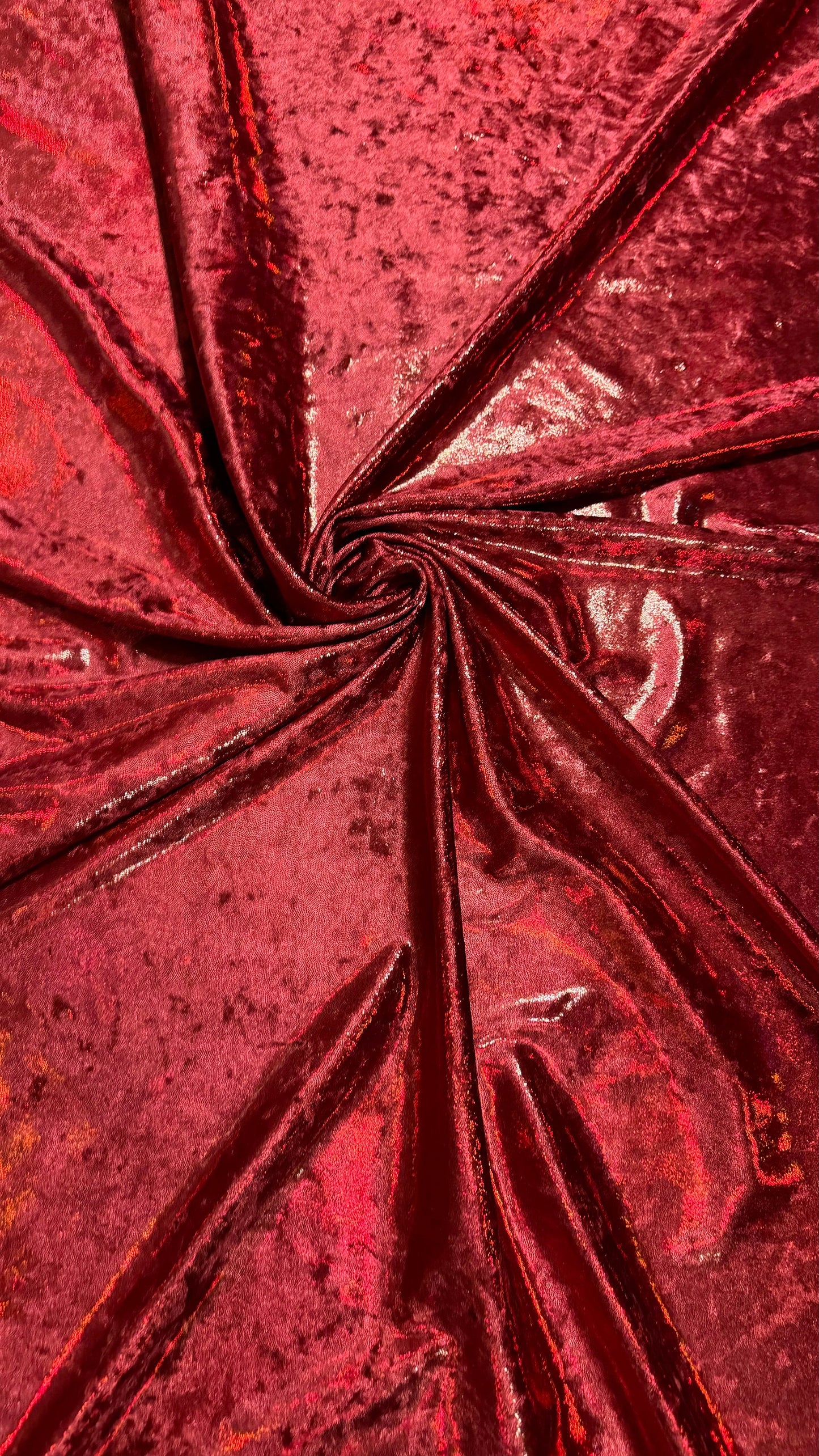 Iridescent Dark Red metallic foggy foil on stretch velvet 4-way 58/60” High quality fabrics by AlexLAFabrics