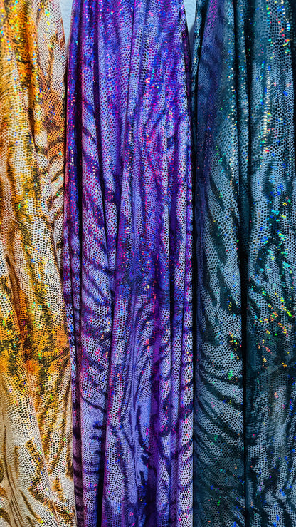 New Disco Tiger design hologram metallic nylon spandex 4-way stretch 58/60” High quality fabrics by AlexLAFabrics