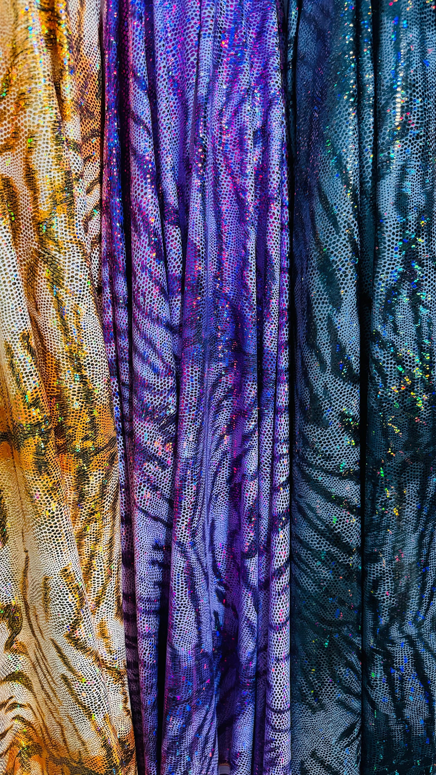 New Disco Tiger design hologram metallic nylon spandex 4-way stretch 58/60” High quality fabrics by AlexLAFabrics