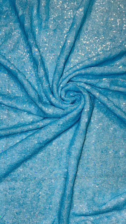 Mini Glitz sequins design embroidered on power mesh 4-way stretch hologram blue 55/57” High quality fabrics by AlexLAFabrics