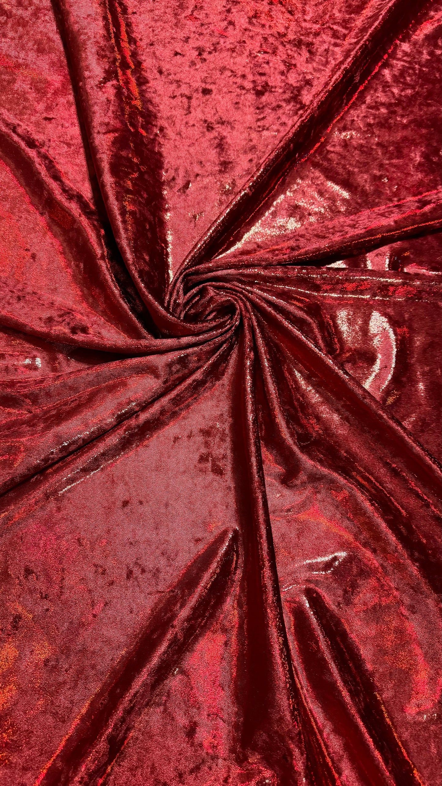 Iridescent Dark Red metallic foggy foil on stretch velvet 4-way 58/60” High quality fabrics by AlexLAFabrics