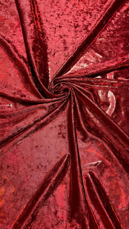 Iridescent Dark Red metallic foggy foil on stretch velvet 4-way 58/60” High quality fabrics by AlexLAFabrics