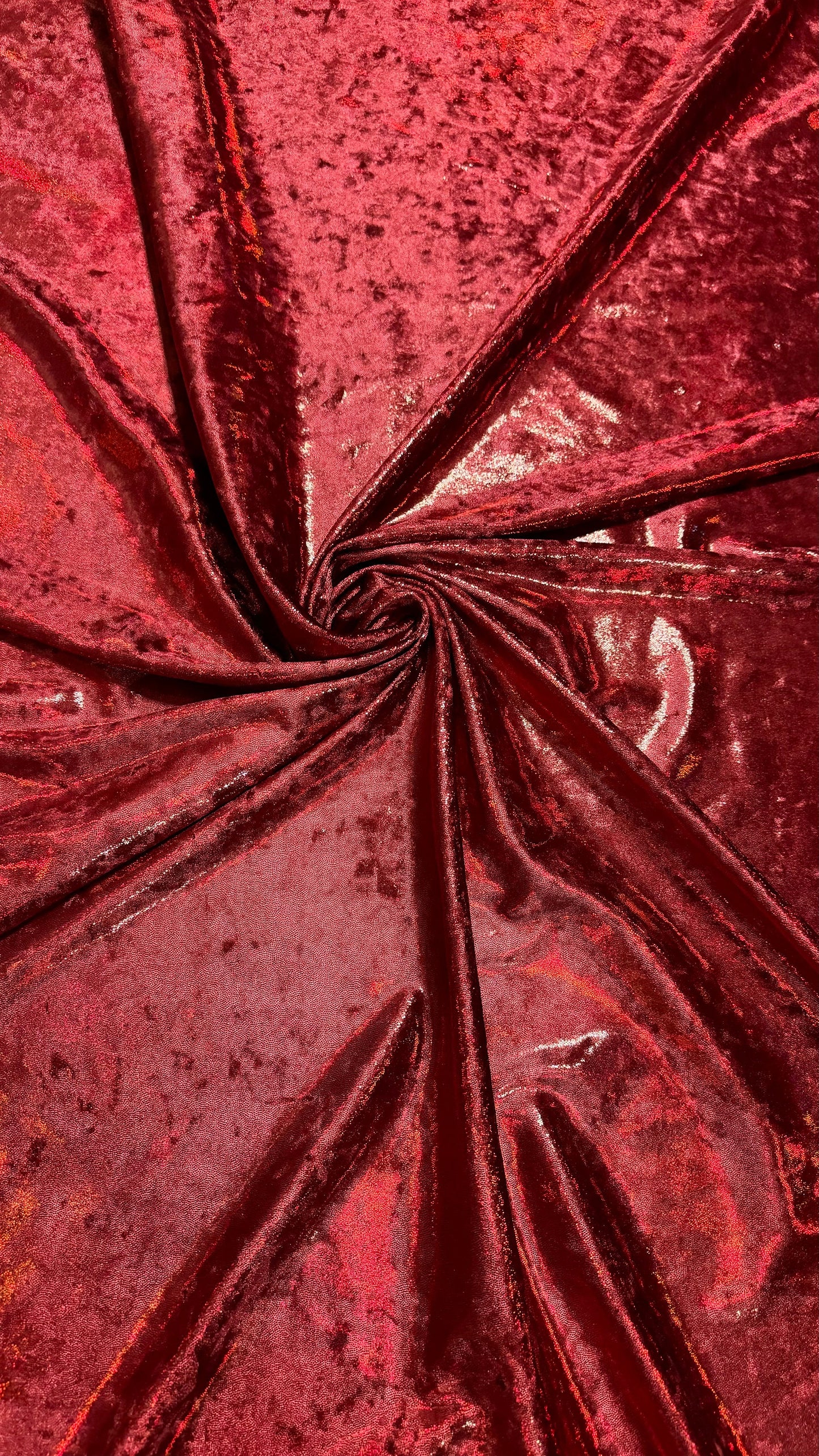 Iridescent Dark Red metallic foggy foil on stretch velvet 4-way 58/60” High quality fabrics by AlexLAFabrics