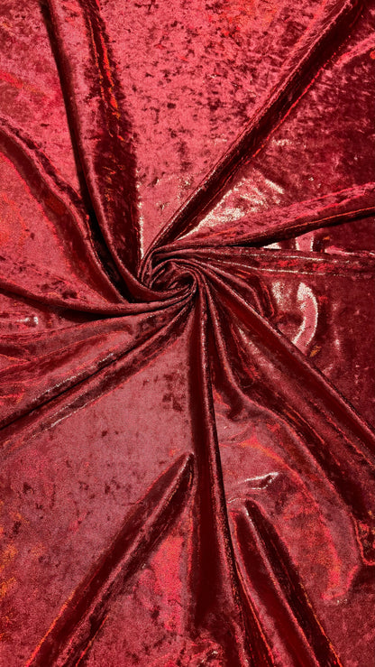 Iridescent Dark Red metallic foggy foil on stretch velvet 4-way 58/60” High quality fabrics by AlexLAFabrics