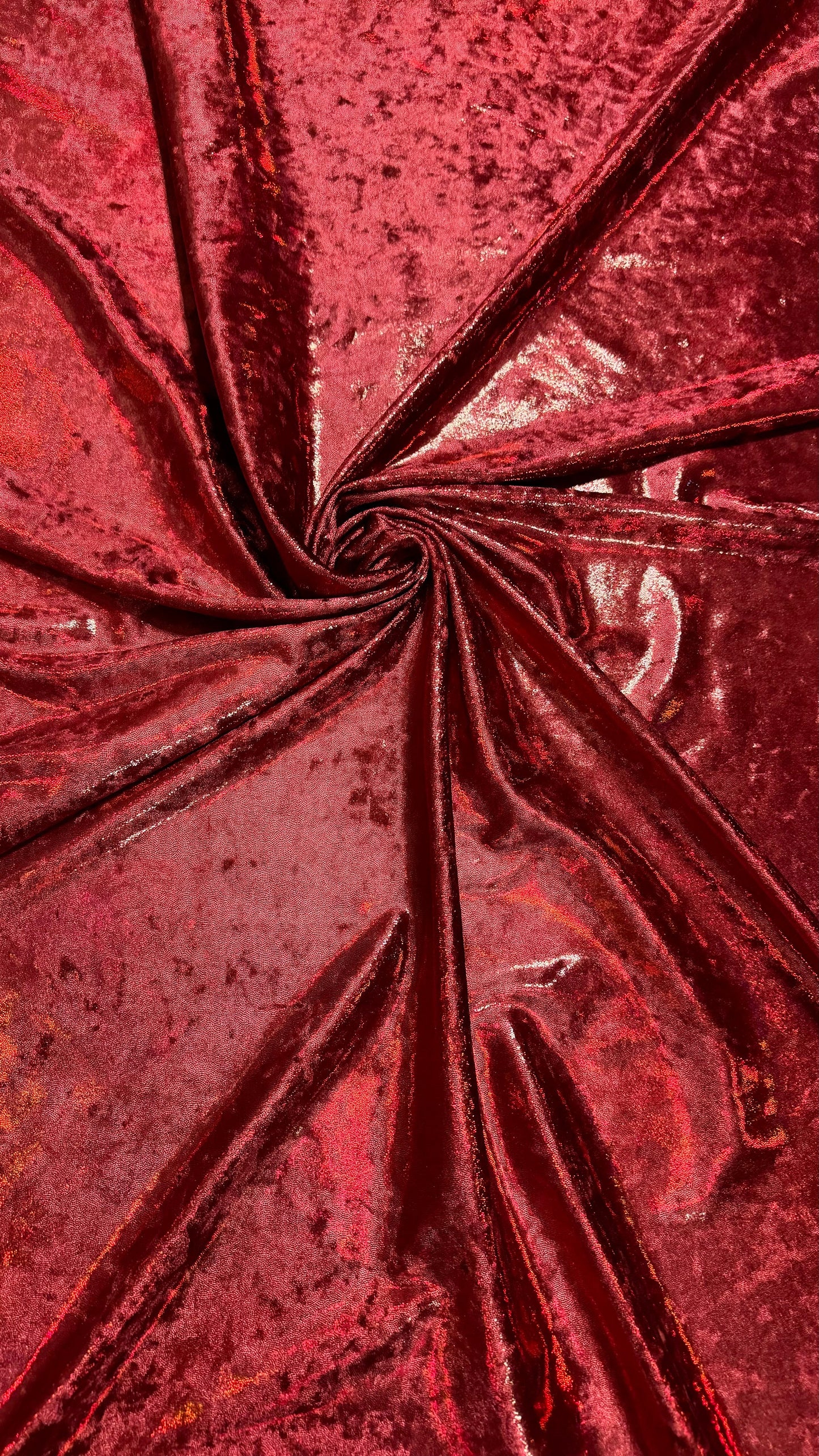 Iridescent Dark Red metallic foggy foil on stretch velvet 4-way 58/60” High quality fabrics by AlexLAFabrics