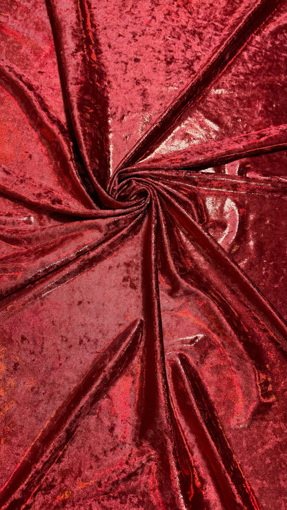 Iridescent Dark Red metallic foggy foil on stretch velvet 4-way 58/60” High quality fabrics by AlexLAFabrics