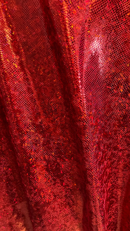Shattered glass Red/Red  hologram metallic foil on stretch velvet best quality in the market 2-way stretch 58/60” High quality fabrics