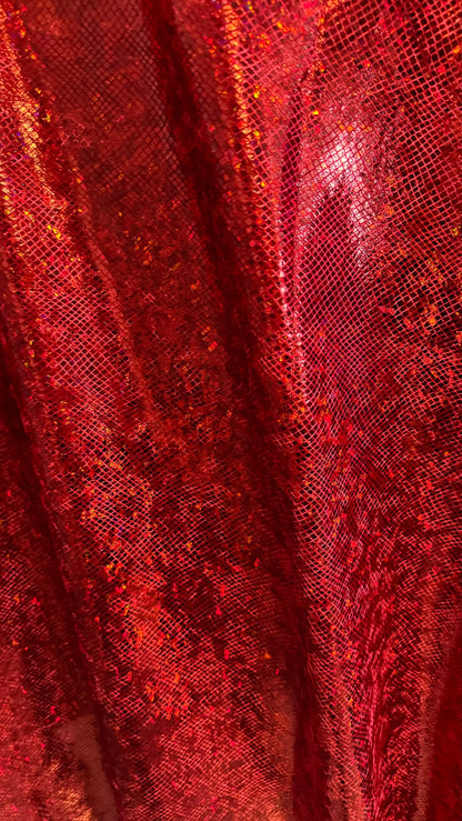 Shattered glass Red/Red hologram metallic foil on stretch velvet best quality in the market 4-way stretch 58/60” High quality fabrics