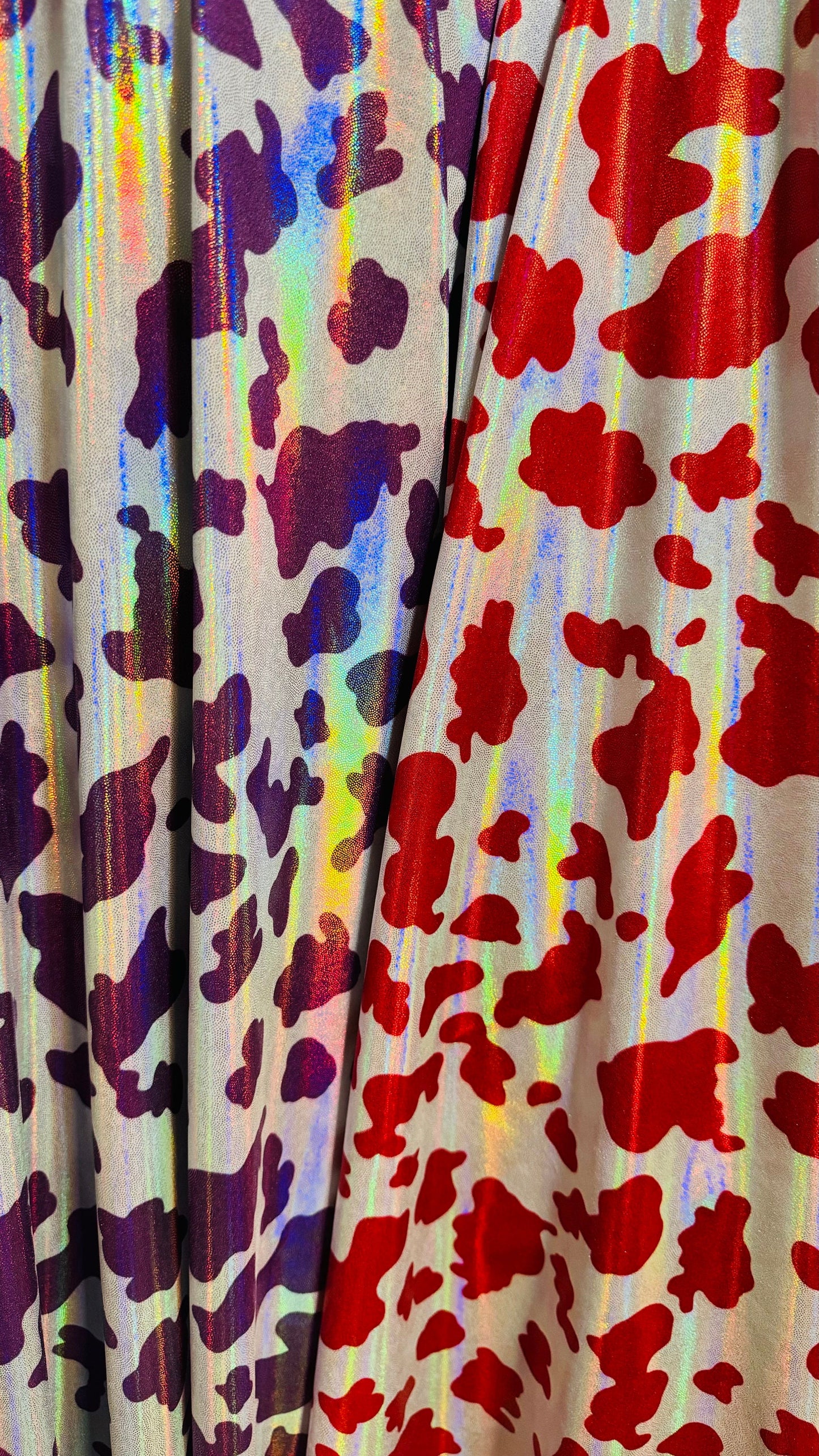 Cow design on Iridescent metallic foggy foil nylon spandex 4-way stretch 58/60” High quality fabrics by AlexLAFabrics