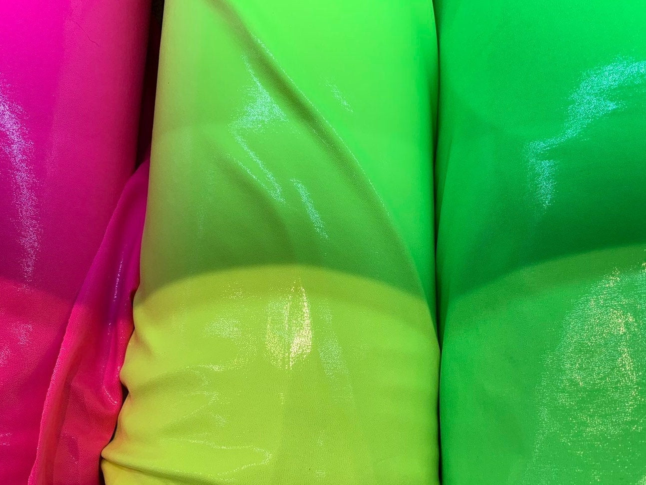 New neon colors foggy foil nylon spandex 4way stretch 58/60" Sold by the YD. Ships worldwide from Los Angeles California USA.