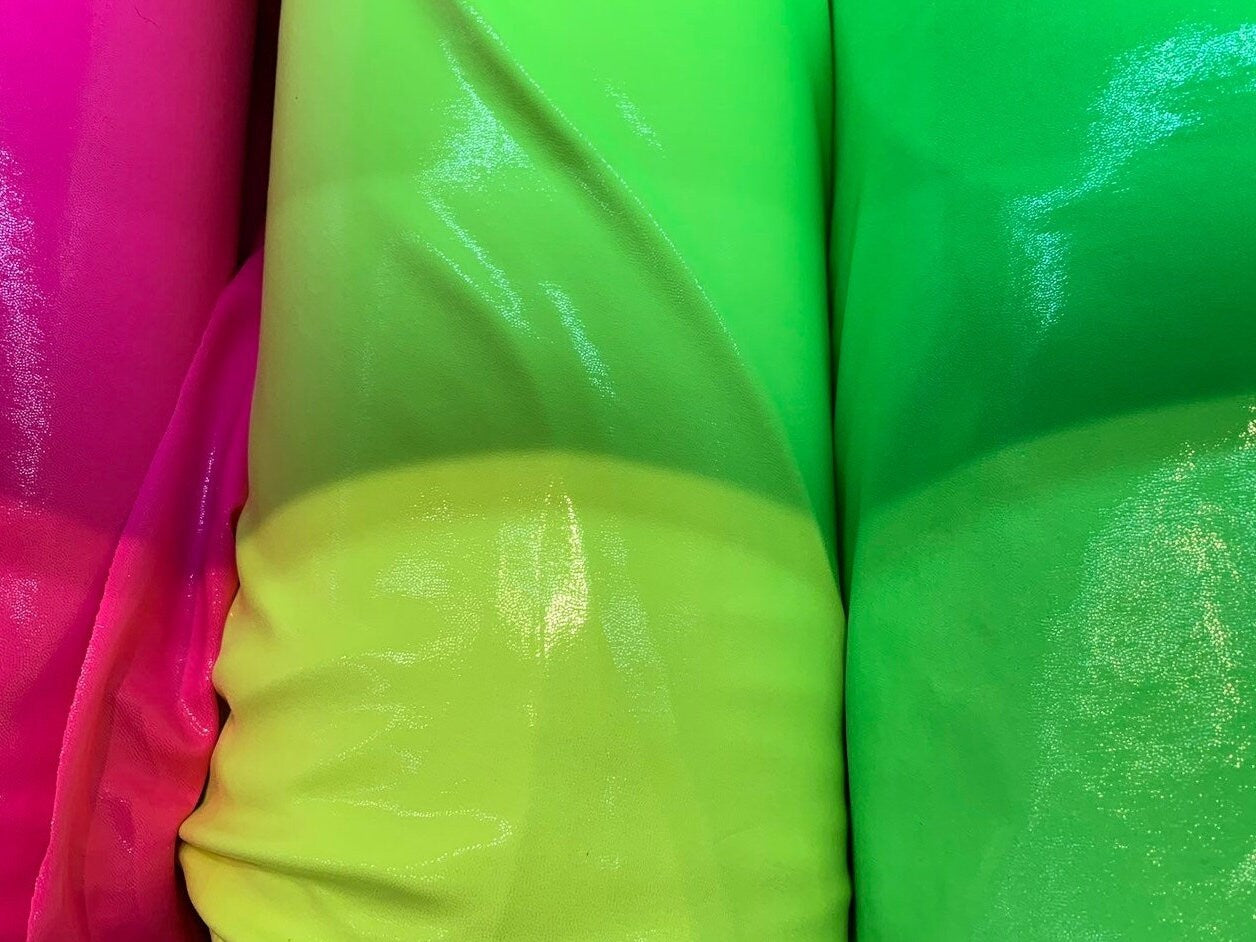 New neon colors foggy foil nylon spandex 4way stretch 58/60" Sold by the YD. Ships worldwide from Los Angeles California USA.