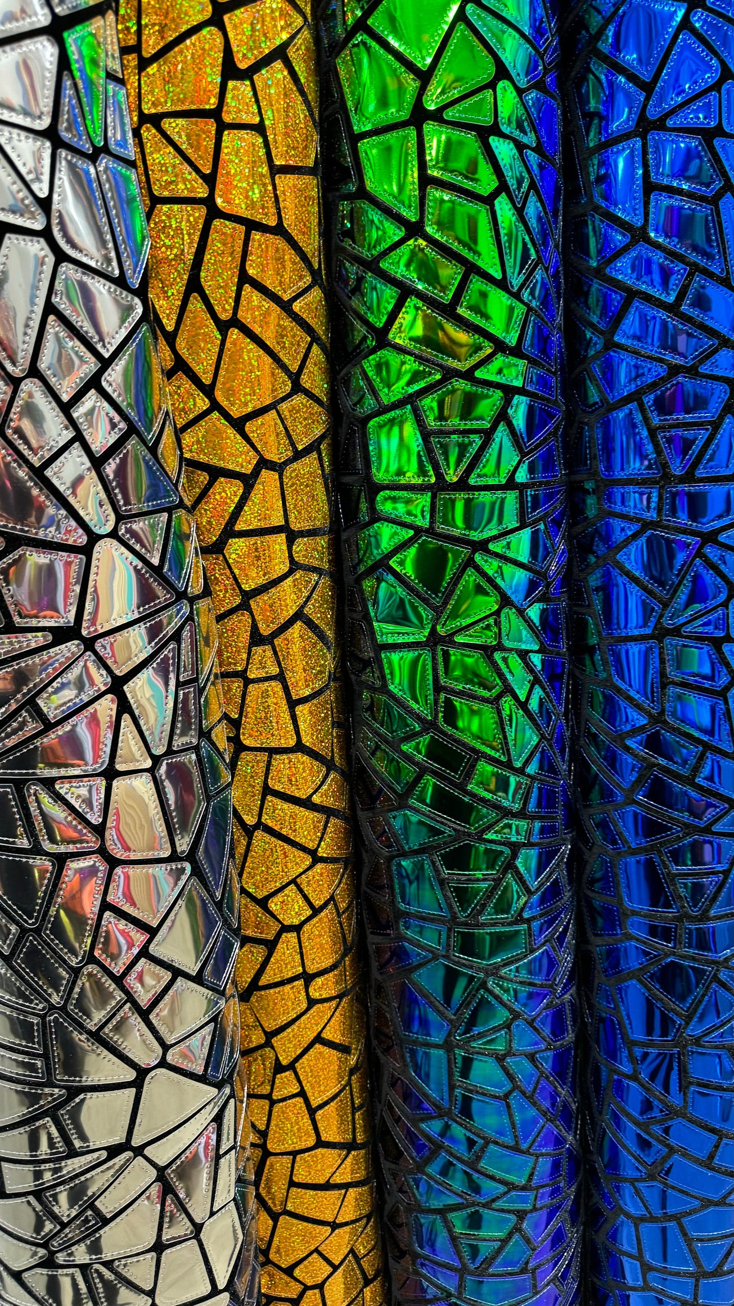 Deluxe shattered glass design metallic iridescent foil geometric embroidered on stretch velvet 2-way stretch 58/60”