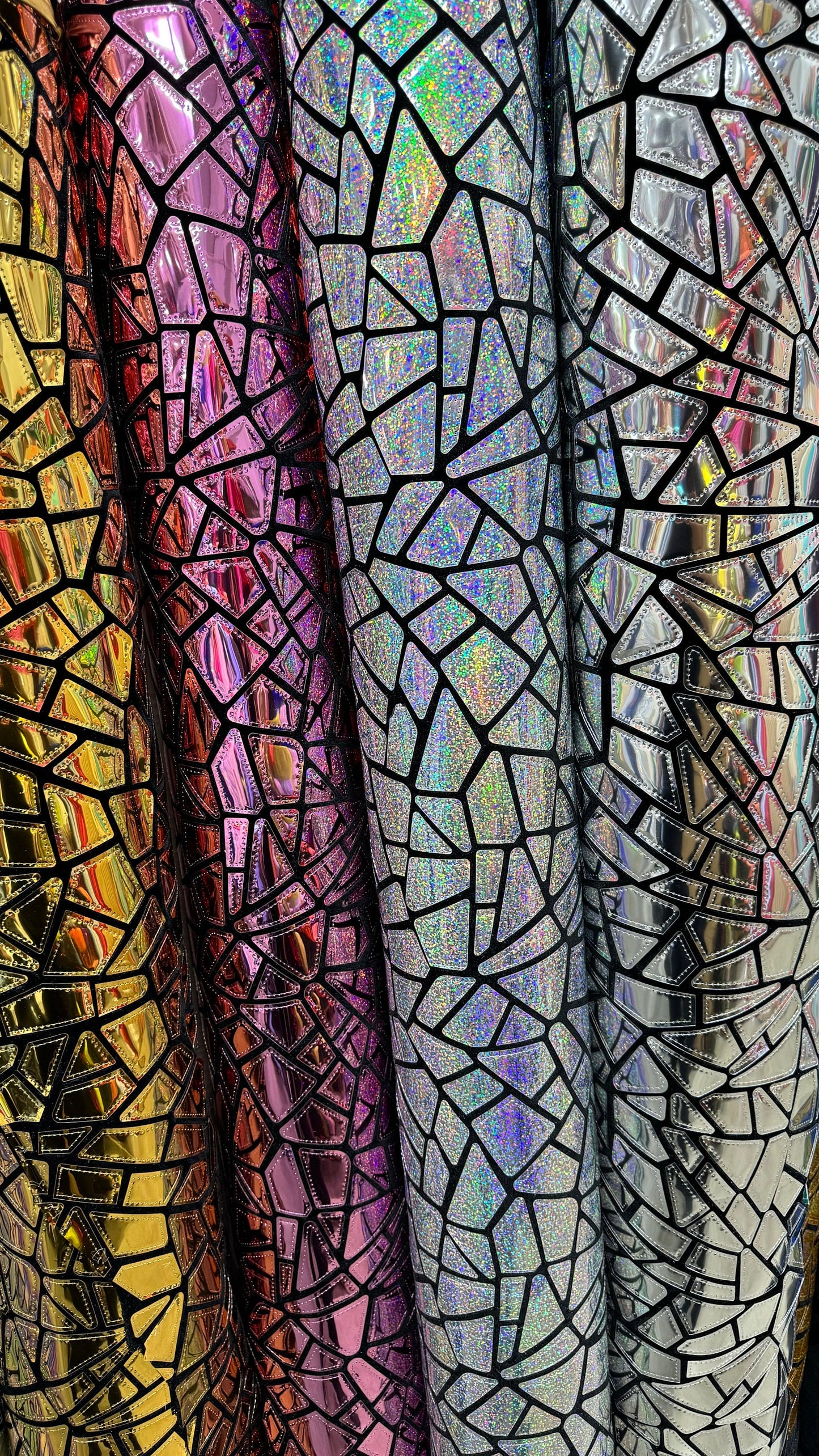 Deluxe shattered glass design metallic iridescent foil geometric embroidered on stretch velvet 2-way stretch 58/60”