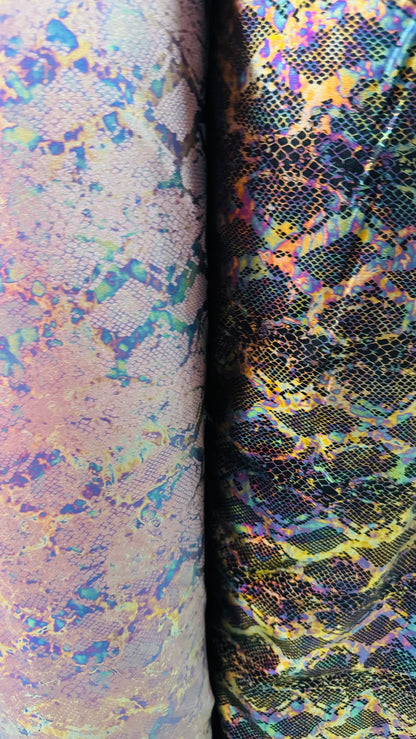 Exotic Iridescent snake skin design on metallic nylon spandex 4-way stretch 58/60” High quality fabrics by AlexLAFabrics