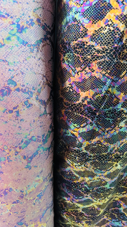 Exotic Iridescent snake skin design on metallic nylon spandex 4-way stretch 58/60” High quality fabrics by AlexLAFabrics