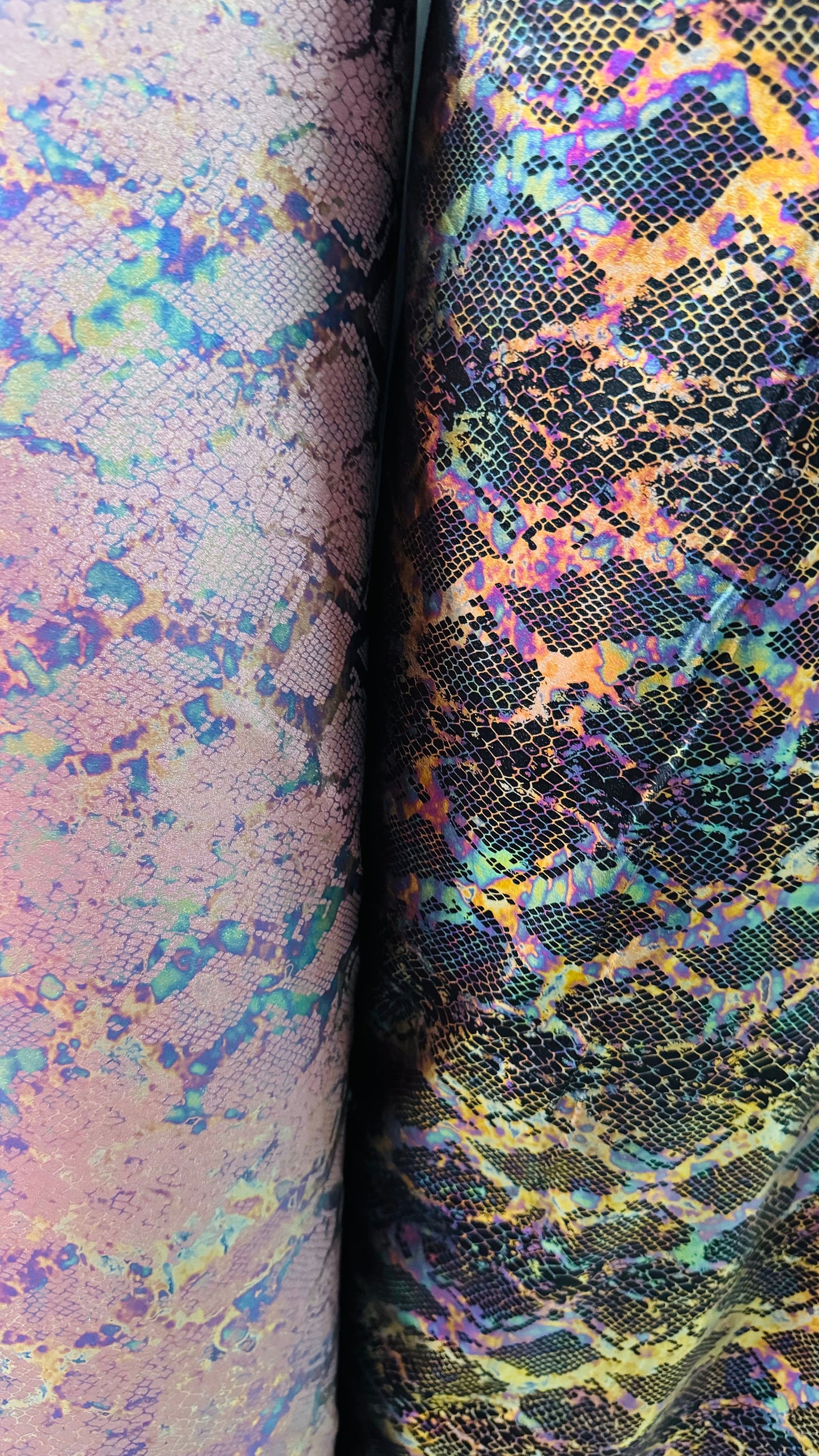 Exotic Iridescent snake skin design on metallic nylon spandex 4-way stretch 58/60” High quality fabrics by AlexLAFabrics