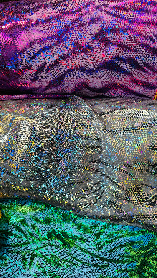 Wild Tiger design hologram exotic animal print on metallic nylon spandex 4-way stretch 58/60” High quality fabrics by AlexLAFabrics