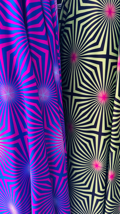 New Psychedelic Abstract design 2-tone print on great quality of poly spandex 4-way stretch 58/60” High Quality fabrics by AlexLAFabrics