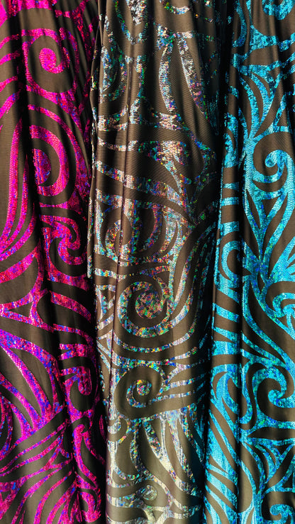 Rolex Swirl design Hologram metallic poly  spandex light weight 4-way stretch 58/60” High quality fabrics by AlexLAFabrics