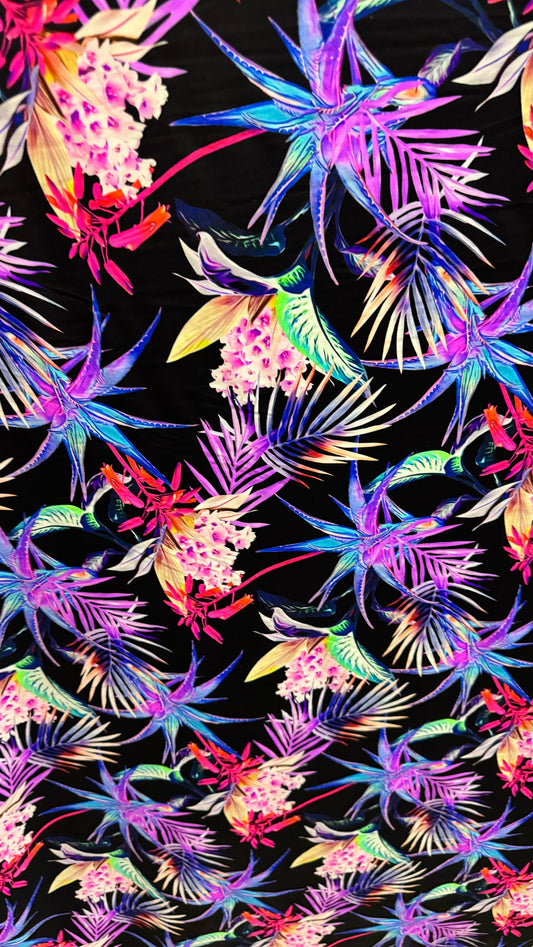 New Tropical design Black/Multicolor print on best quality of nylon spandex 4-way stretch 58/60” High Quality fabrics by AlexLAFabrics