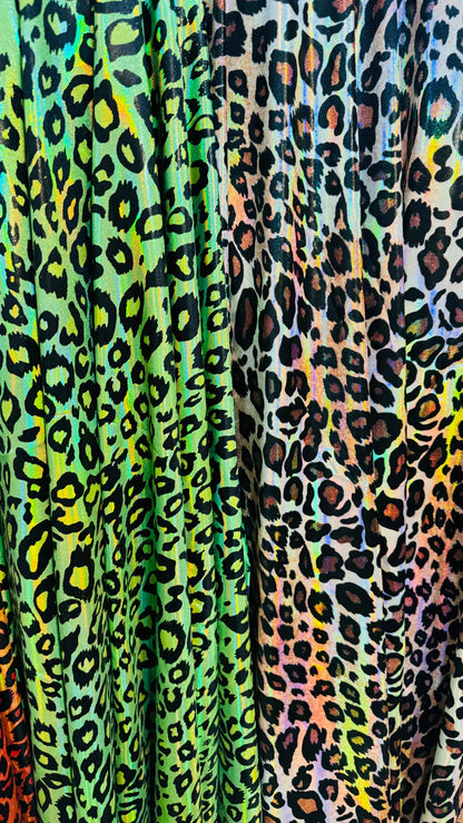 Wild Leopard design on Iridescent metallic nylon spandex with foggy foil 4-way stretch 58/60” High quality fabrics by AlexLAFabrics