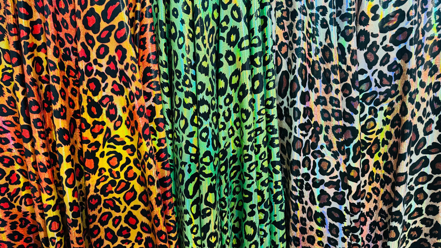 Wild Leopard design on Iridescent metallic nylon spandex with foggy foil 4-way stretch 58/60” High quality fabrics by AlexLAFabrics