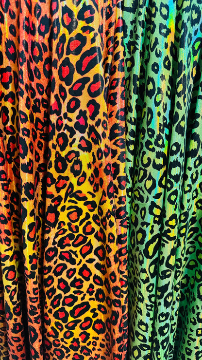 Wild Leopard design on Iridescent metallic nylon spandex with foggy foil 4-way stretch 58/60” High quality fabrics by AlexLAFabrics