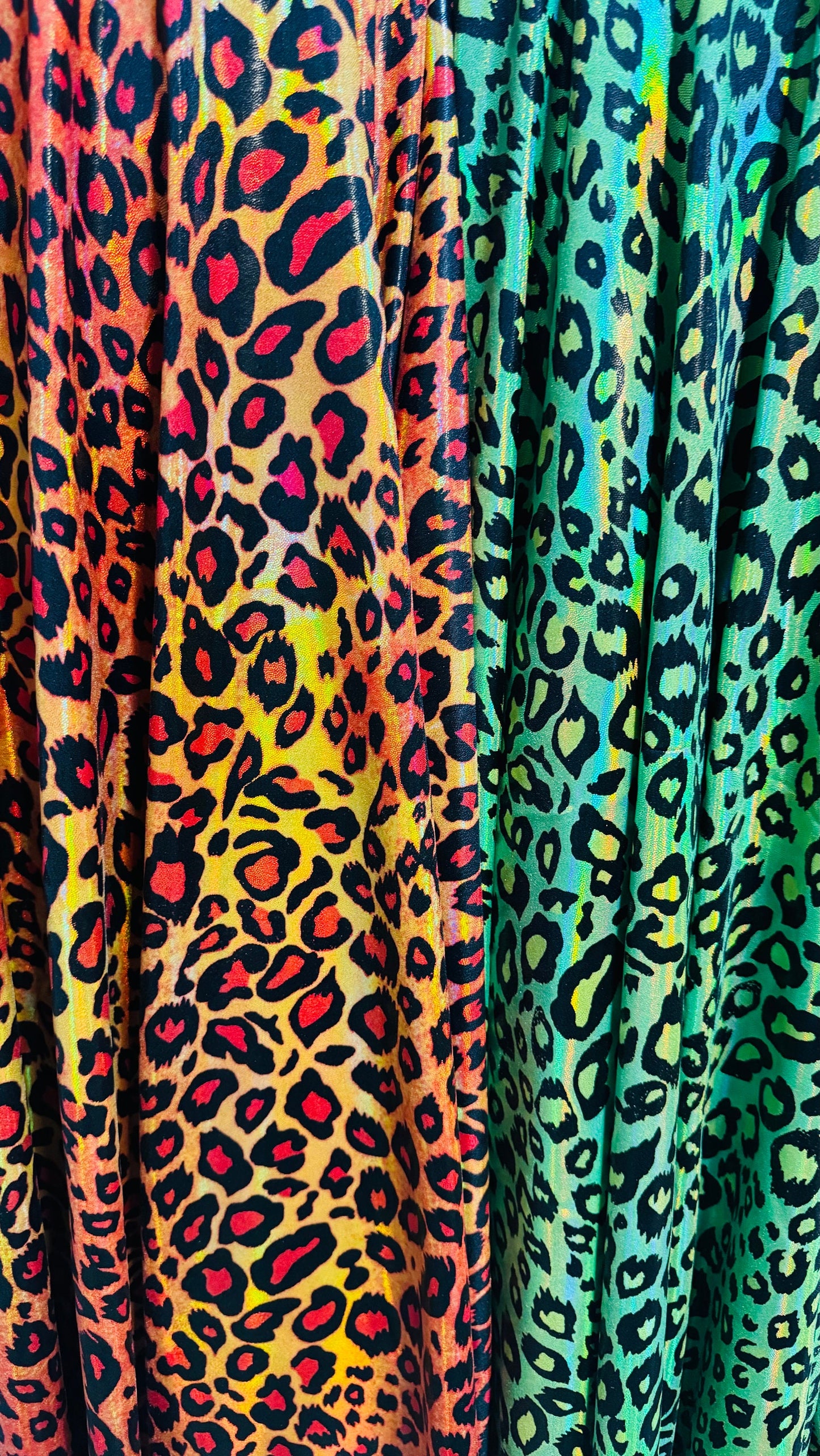 Wild Leopard design on Iridescent metallic nylon spandex with foggy foil 4-way stretch 58/60” High quality fabrics by AlexLAFabrics