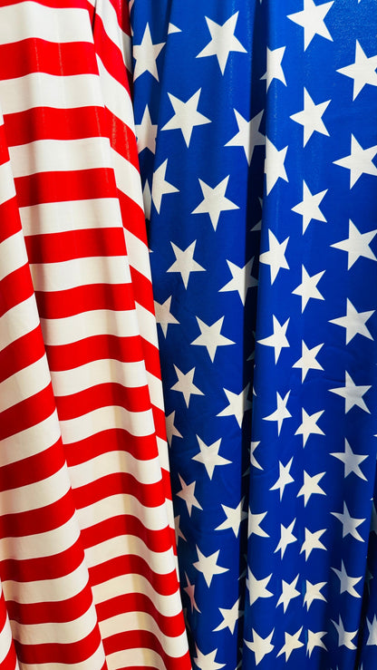 Freedom Stars and Stripes design on metallic nylon spandex w/ foggy foil all over 4-way stretch 58/60” High quality fabrics by AlexLAFabric