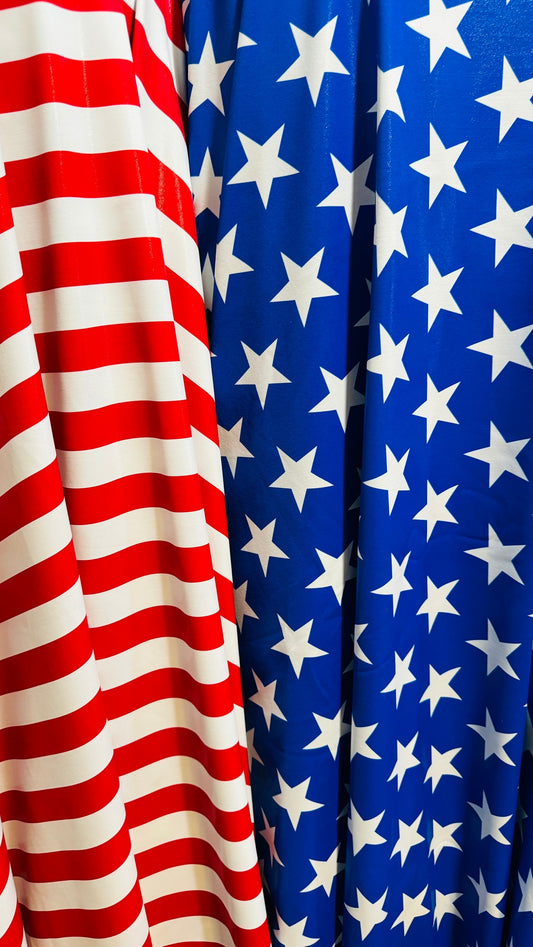 Freedom Stars and Stripes design on metallic nylon spandex w/ foggy foil all over 4-way stretch 58/60” High quality fabrics by AlexLAFabric