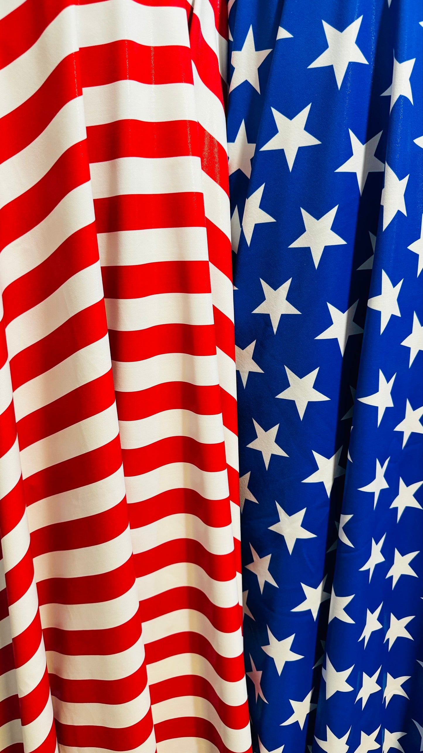 Freedom Stars and Stripes design on metallic nylon spandex w/ foggy foil all over 4-way stretch 58/60” High quality fabrics by AlexLAFabric