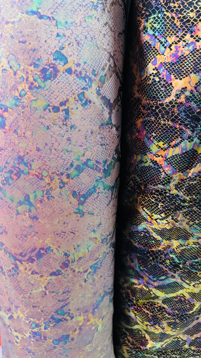 Exotic Iridescent snake skin design on metallic nylon spandex 4-way stretch 58/60” High quality fabrics by AlexLAFabrics