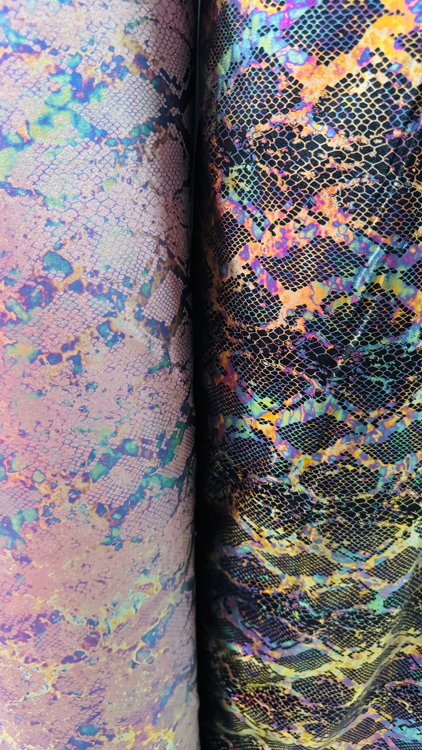 Exotic Iridescent snake skin design on metallic nylon spandex 4-way stretch 58/60” High quality fabrics by AlexLAFabrics