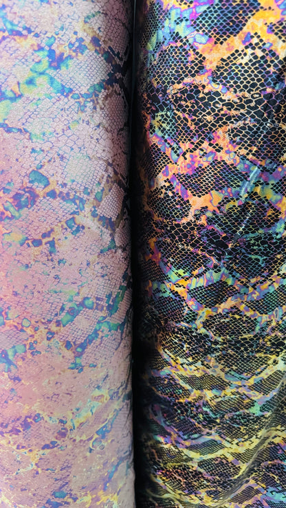 Exotic Iridescent snake skin design on metallic nylon spandex 4-way stretch 58/60” High quality fabrics by AlexLAFabrics