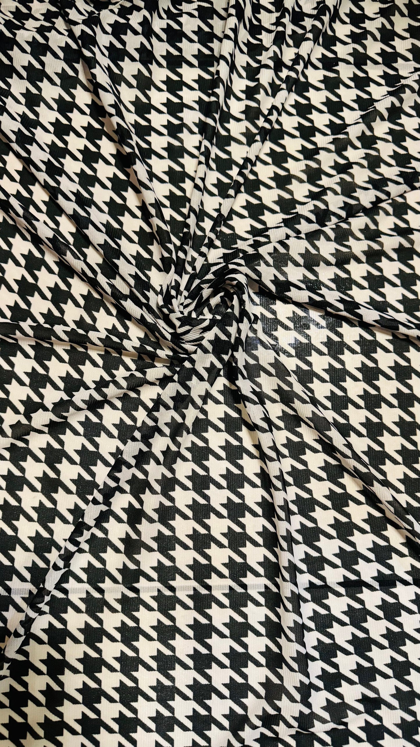 Houndstooth design print on great quality of power mesh 4-way stretch 58/60” High quality fabrics by AlexLAFabrics