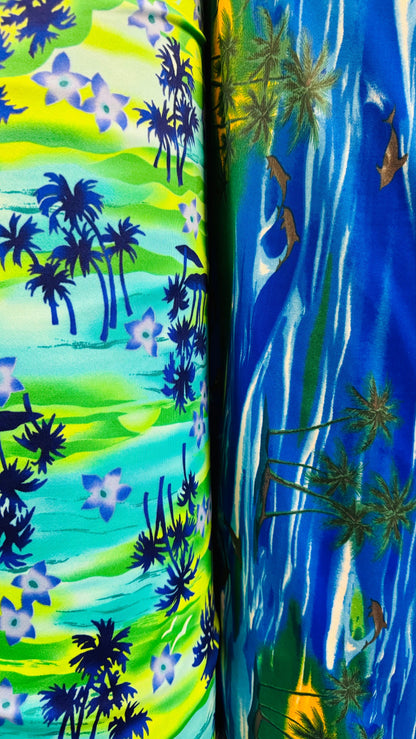 Hawaiian Tropical design Print on great quality of Brazilian nylon spandex 4-way stretch 58/60” High Quality fabrics by AlexLAFabrics