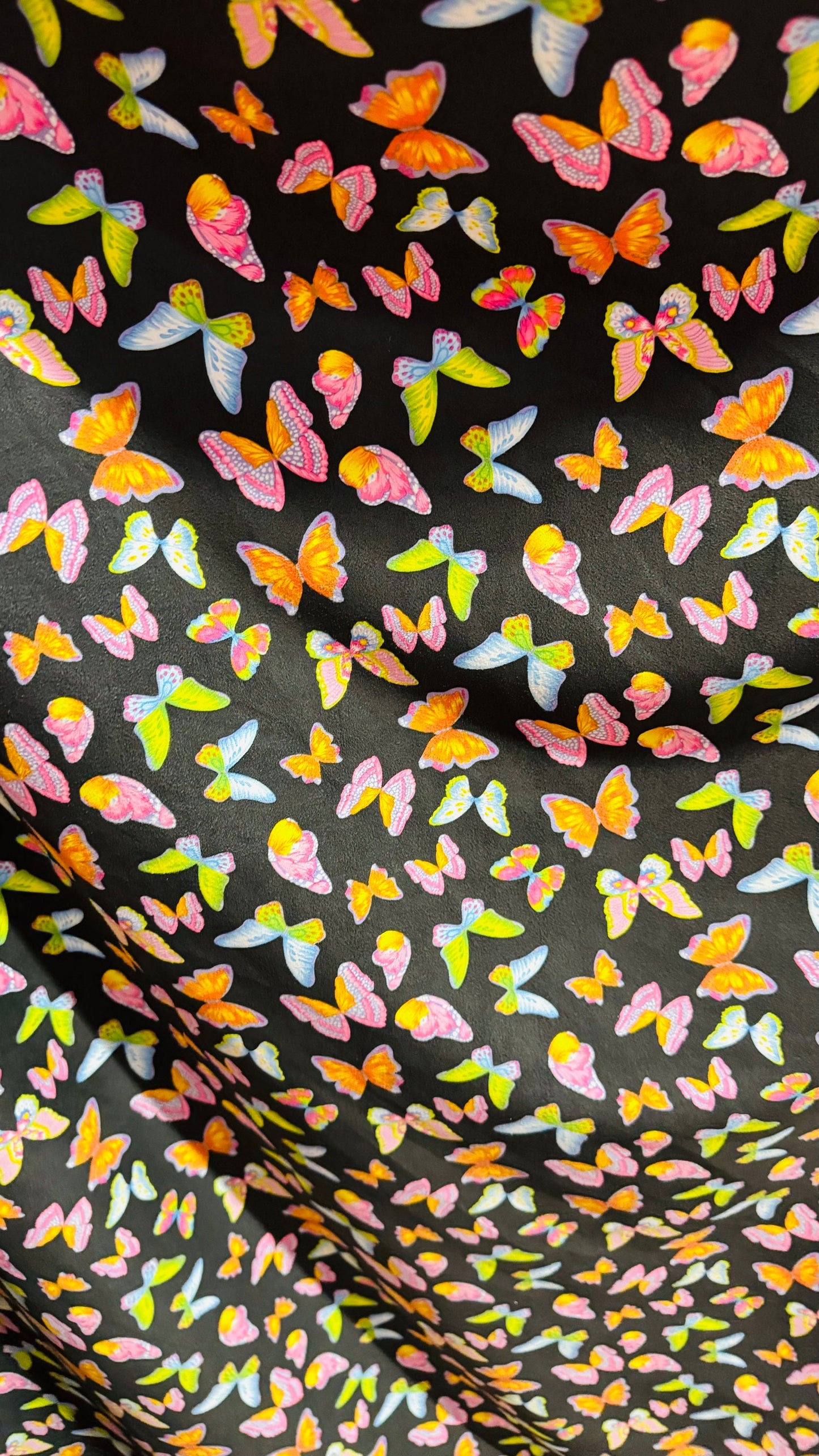 Butterfly design Black/Rainbow on spandex Ultra suede 2-way stretch 58/60” High quality fabrics by AlexLAFabrics