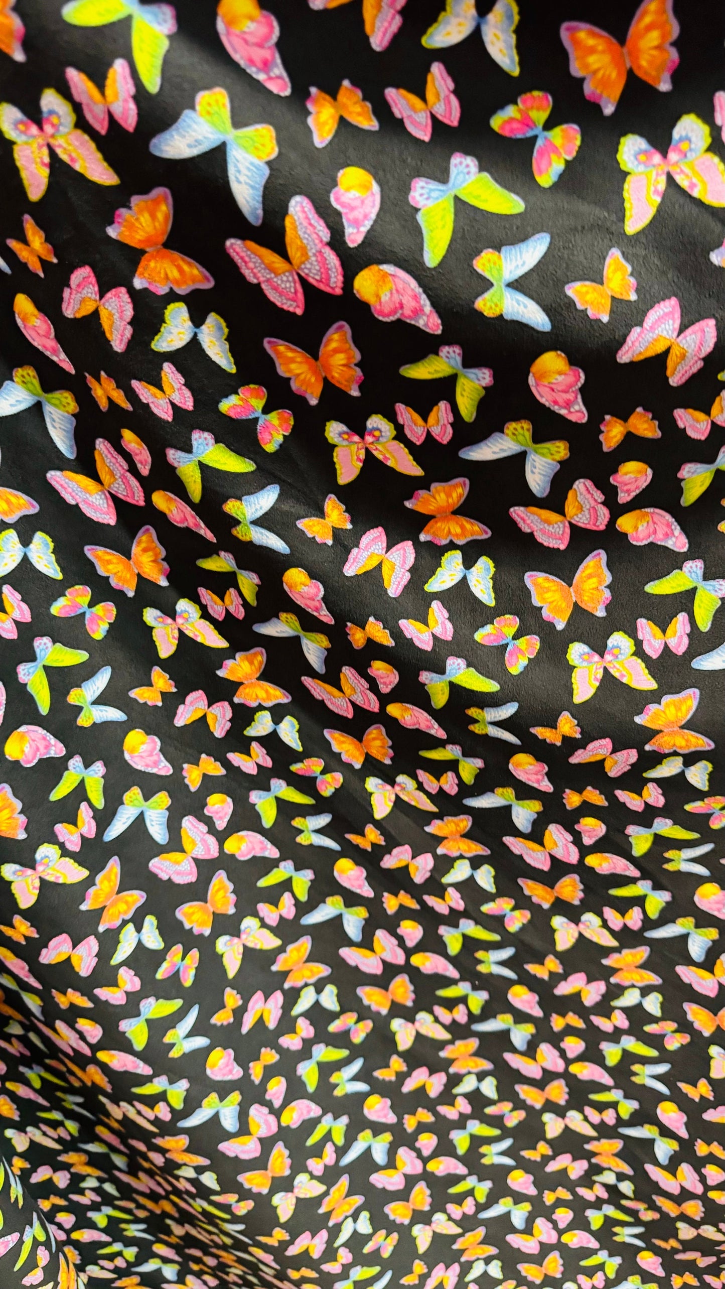 Butterfly design Black/Rainbow on spandex Ultra suede 2-way stretch 58/60” High quality fabrics by AlexLAFabrics