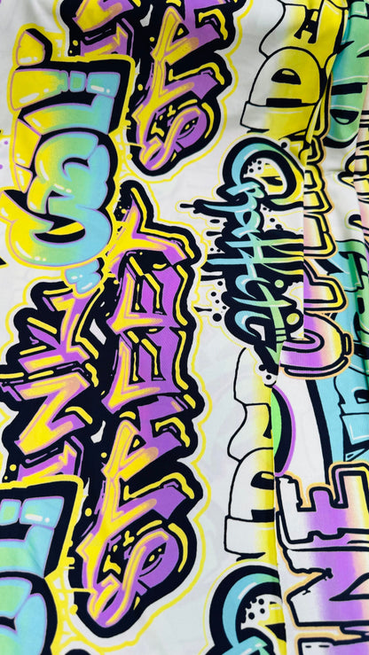 New Graffiti Paint design multicolor print on great quality of poly spandex 4-way stretch light weight 58/60” High Quality Fabrics