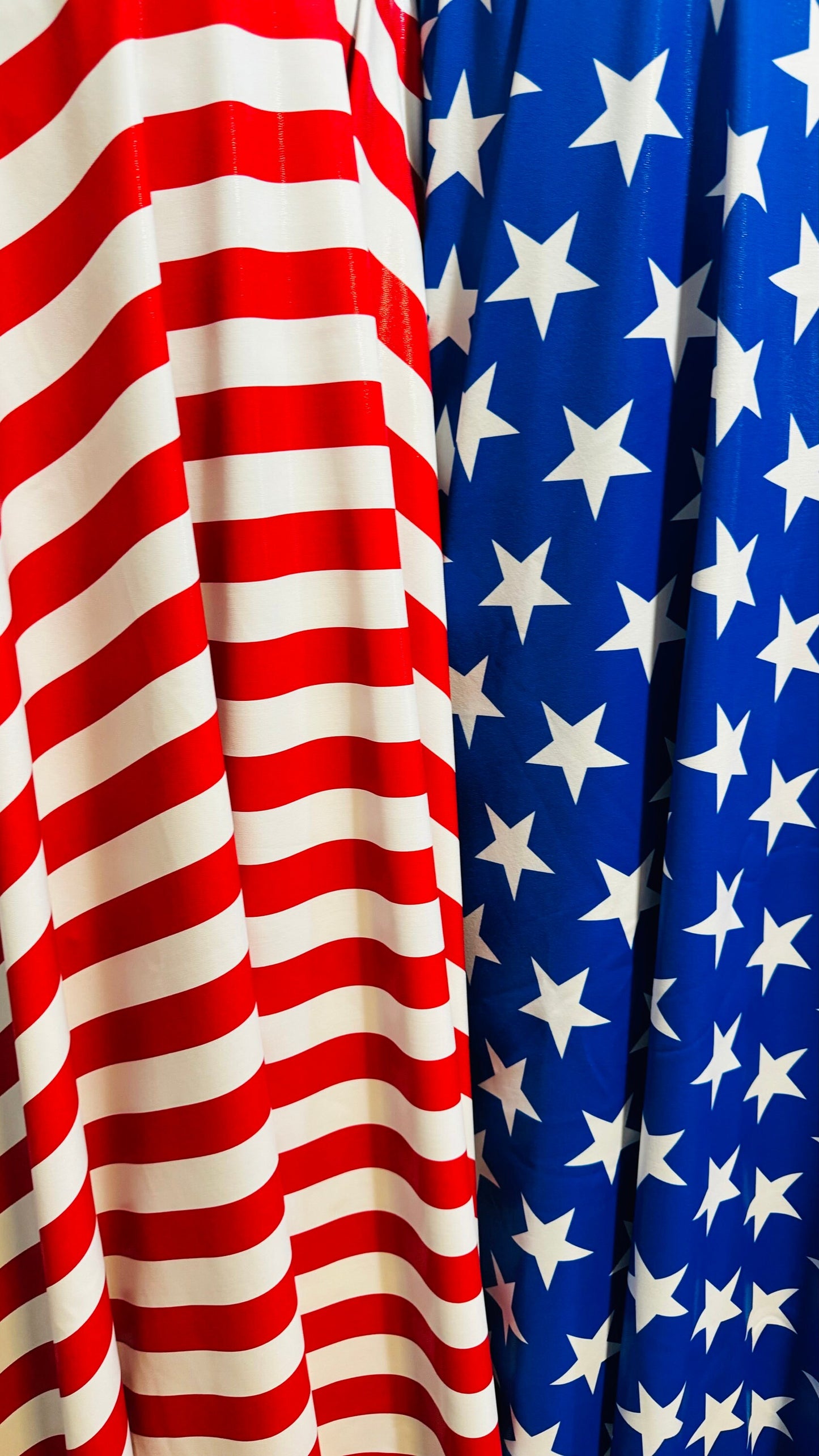 Freedom Stars and Stripes design on metallic nylon spandex w/ foggy foil all over 4-way stretch 58/60” High quality fabrics by AlexLAFabric